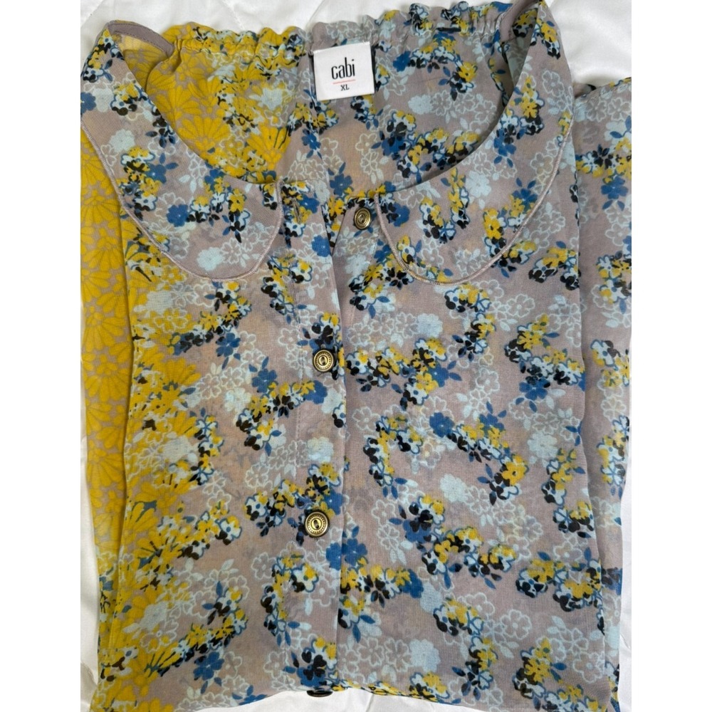 Cabi Offsides Style #5221 Yellow Grey Blue Floral Sleeveless Blouse Top Size L
